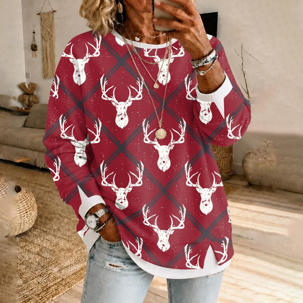 Women's Casual Christmas Print Long Sleeve Neck Pullover Top with Design