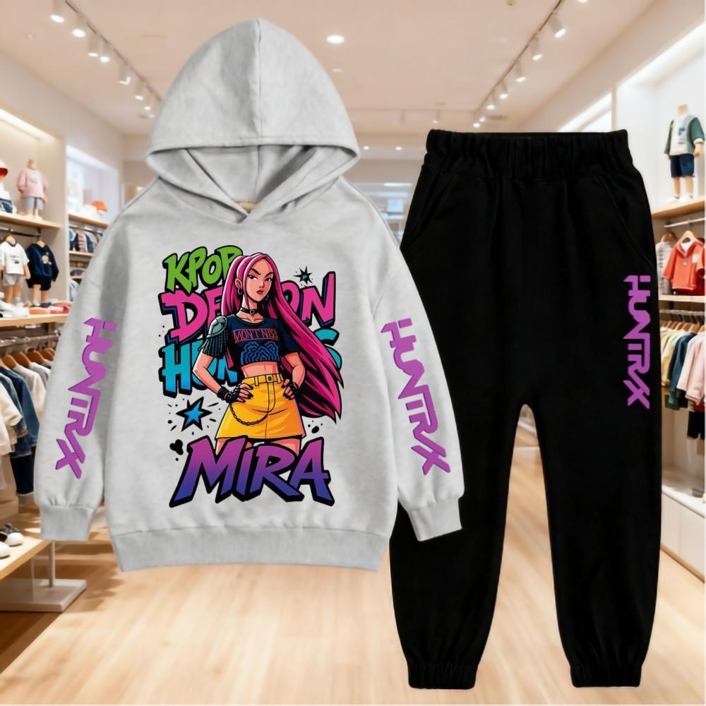 

K-pop Толстовки с принтом «Охотники на демонов» Детская одежда Детская толстовка+брюки Подходит для 5-14 лет Мальчики Девочки Розовый Черный Комплект Свитшот 160