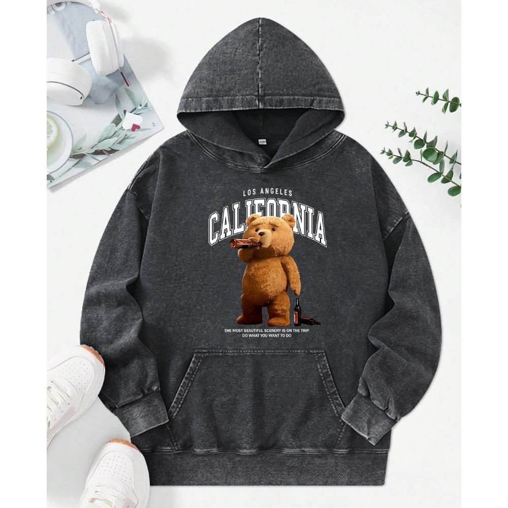 A Bear Drinking Beer Kawaii Print Washed Hoodies Female Autumn Cotton Pullover Pocket Oversize Hoody Womenwear