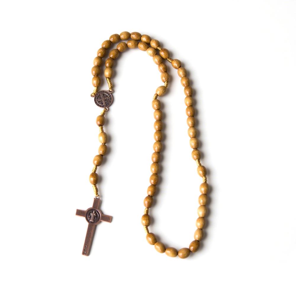 In Stock: Natural Wood Bead Cross Rosary Necklace - Hand-Woven Prayer Jewelry