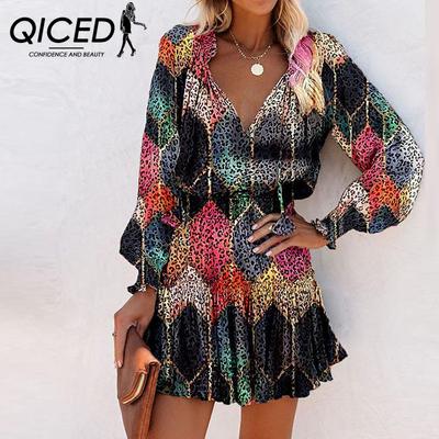 Spring Summer Long Sleeve V-neck Fashion Print Waist Dress for Women