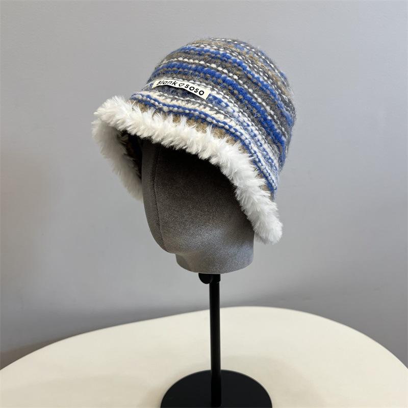 College Style Colored Stripes Contrasting Colors Knitted Bucket Hat Women Autumn and Winter Warm Ear Protection Plush Edge Basin Hat