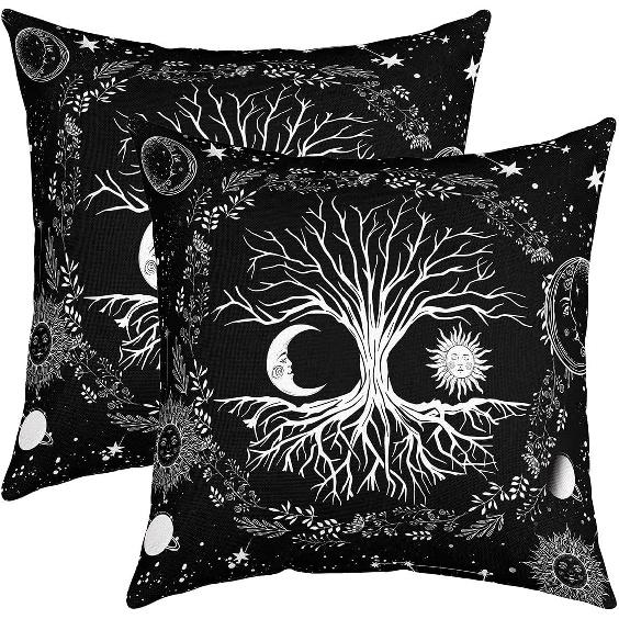 Set of 2 Tree Of Life Throw Pillow Covers 18x18 Sun And Moon Pillow Covers Kids Teens Bedroom Decor Black And White Cushion Covers Gothic Bohemian