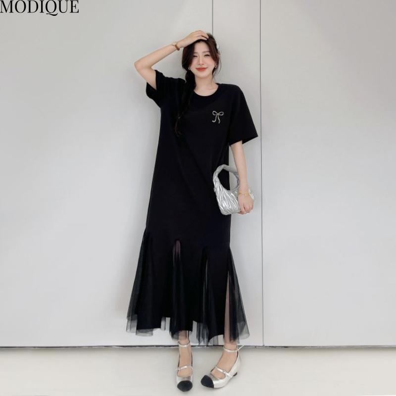 MODIQUE Summer Plus Size New Women Loose Elegant Solid Color Printing Mesh Hemline Long Dress Female Casual Short Sleeve O-Neck Dresses