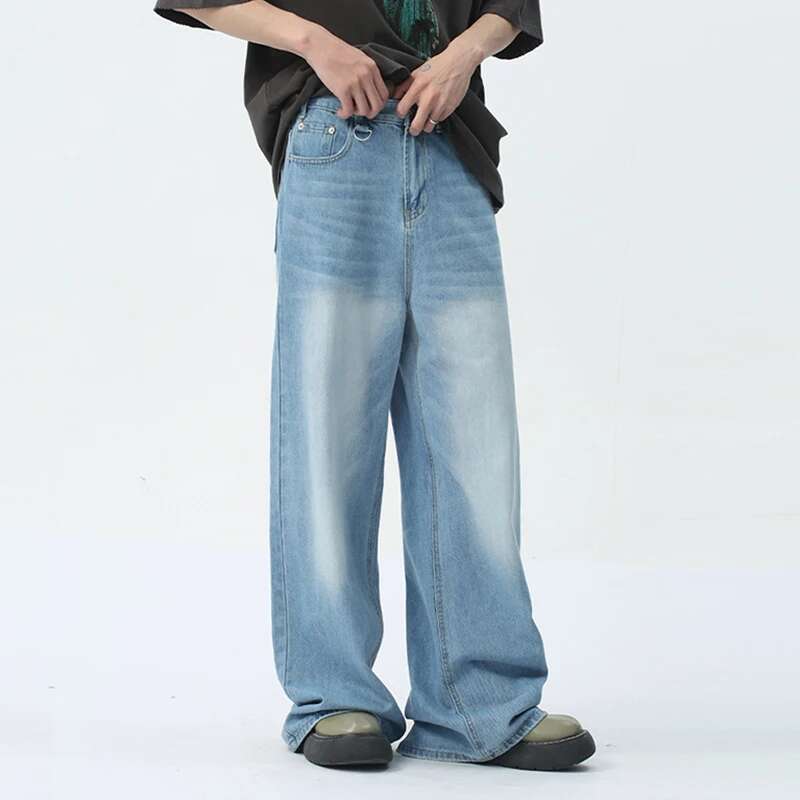 BeatStreet Vintage Camouflage Men's Jeans Fashion Washed Casual Wide Leg Denim Pants Autumn Winter Loose Male Trousers Old Blue