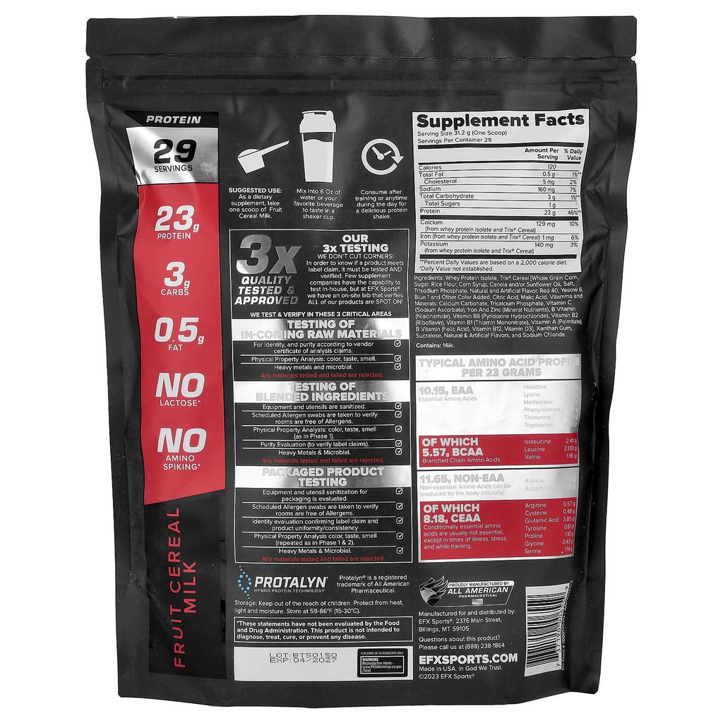 EFX Sports Protalyn® Whey Protein Isolate, Fruit Cereal Milk, 907g (2lb)