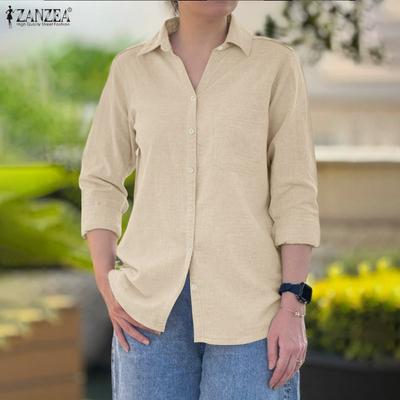 Women Casual Turn Down Collar Solid Color Long Sleeve Blouse