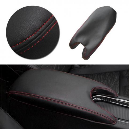 Black+Red Line Console Armrest Box Leather Cover Trim For Cadillac ATS 2013-