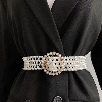 Elastic Band Coat Belt Hollow Pearl Waist Belt Fashion Beadeds Body Chain  Dress
