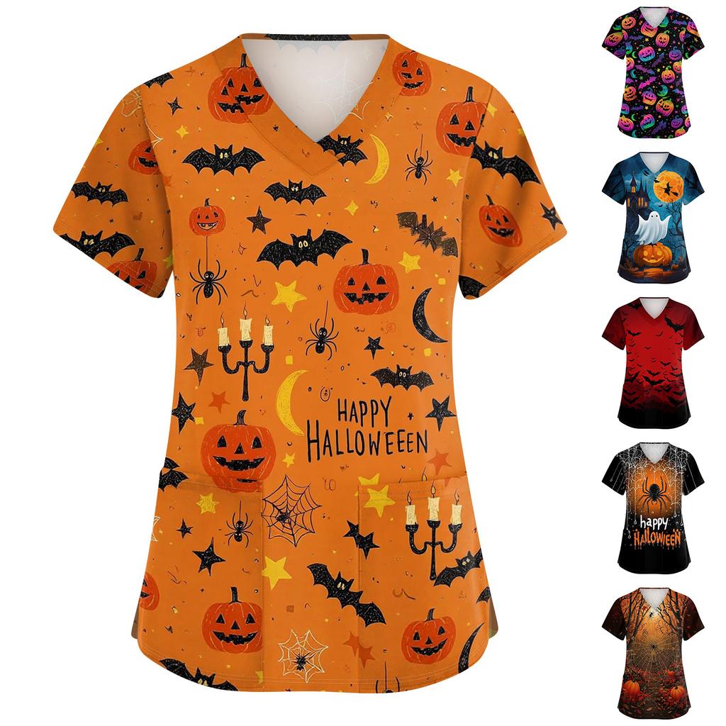 Women V Neck Short Sleeve Work Shirt Double Side Slit with Pockets Halloween Print Top Casual Comfortable Fit