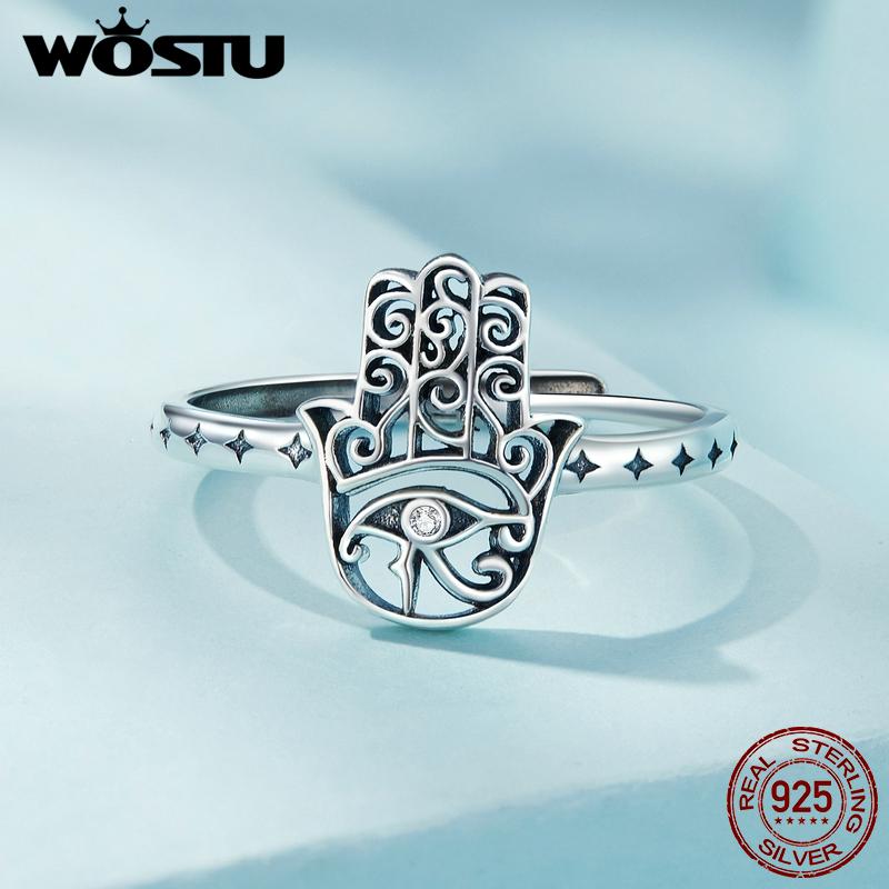 WOSTU 925 Sterlingového Stříbra Vintage Styl Šťastná Ruka Fatimy Otevírací Prsten Modré Démonovo Oko Skládací Prsteny Párty Šperky Dárek
