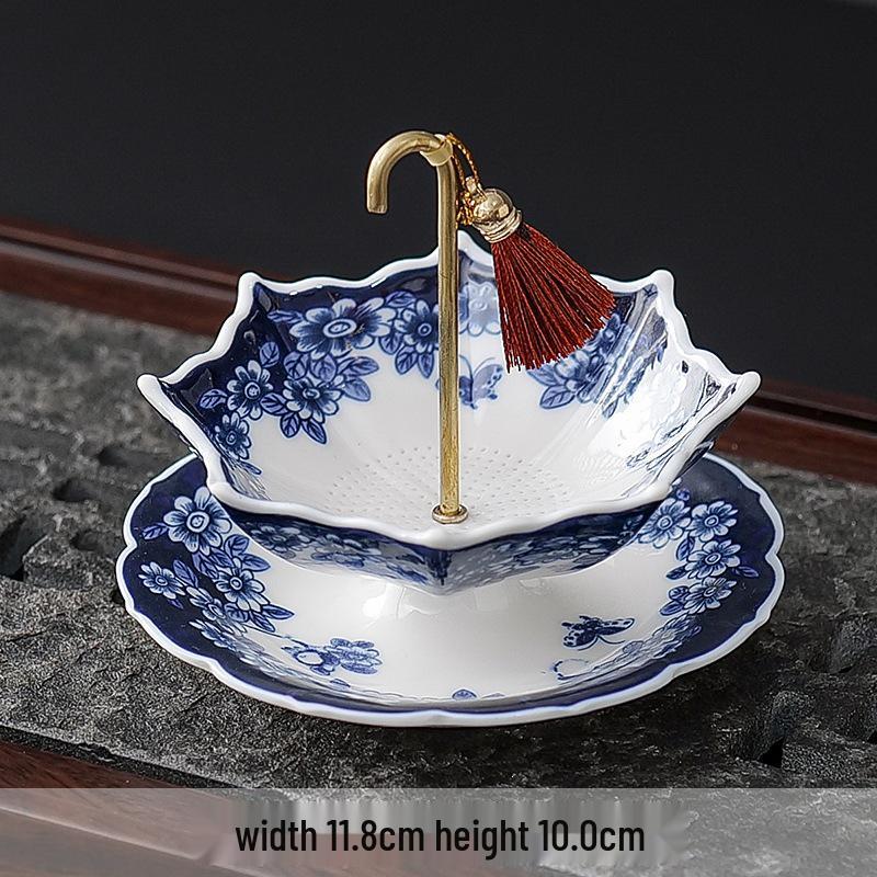 Blue and White Porcelain Umbrella Tea Strainer - Ceramic Tea Leaf Filter and Table Decoration.