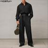 INCERUN Oversized Men Lapel Neck Long Sleeve Belt Waist Casual Loose Long Rompers Jumpsuits