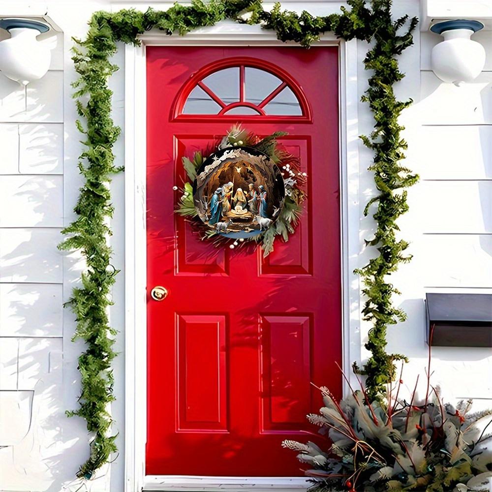 Nativity Scene Wooden Sign 2D Relief Effect Design Jesus Born Wreath Sign for Church Wall Door Hanging Decor Ideal Gift