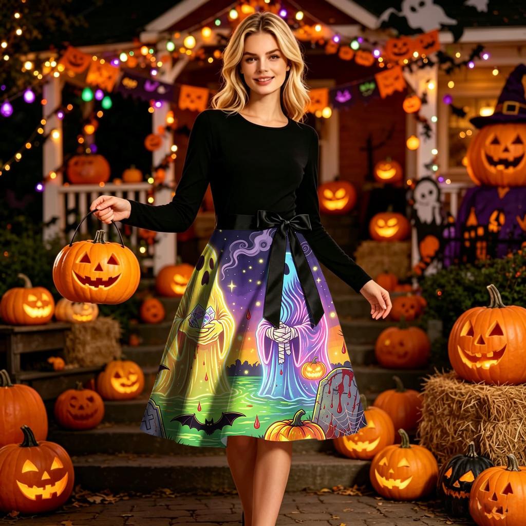 Women's Round Neck Halloween Print Long Sleeve Dress Casual Fall Party Outfit