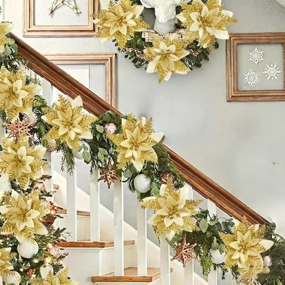 10 Stück Weihnachten Künstliche Blumen Stoffmaterial Rot Silber Gold DIY Kranz Anhänger Reißfest Noel Dekorationen