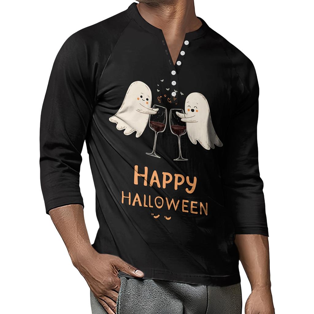 Men's Button-Down Contrast Raglan 3/4 Sleeve Top