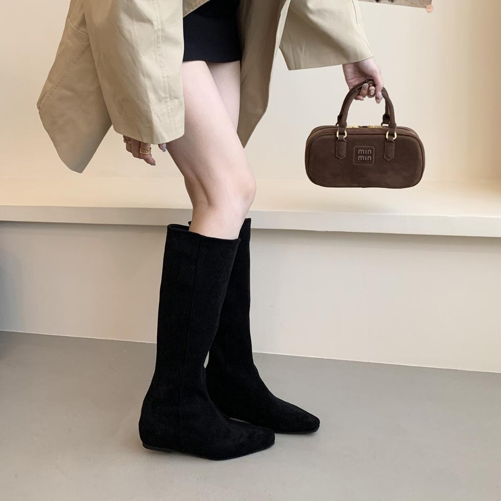 Inner Heightening Suede Square Head Boots for Women 2025 Autumn and Winter New Models But Knee High Boots Korean Version Sleeve Fashion Boots for Wo