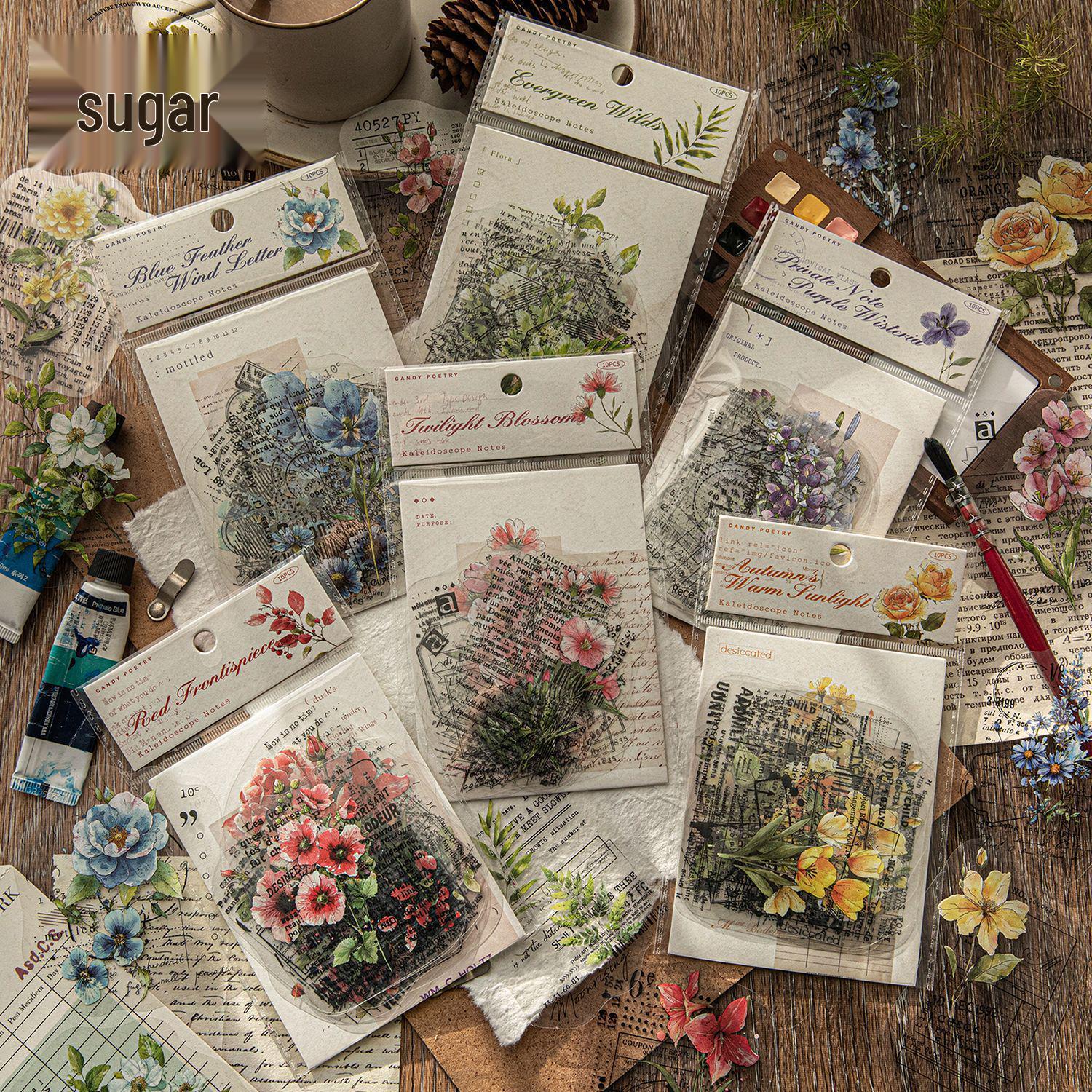 Набор белых чернильных наклеек Tang Shi PET - Серия  Калейдоскоп Дневник , Тема  Ретро Цветочные Пейзажи , 10 Листов, 6 Дизайнов 1 Blooming Pink Dust