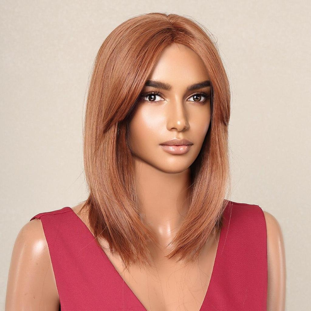 Orange Brown Medium Straight Bob Synthetic Wigs Short Hair with Bangs for Black Women Cosplay Lolita Layered Wig Heat Resistant