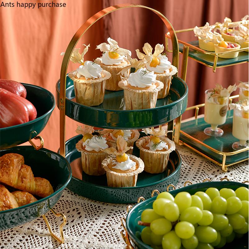 Wrought Iron Ceramic Plate Cake Pan Display Stand Dessert Plate Cake Pan Fruit Plates Decorative Frame Snack Tray Salad Bowl