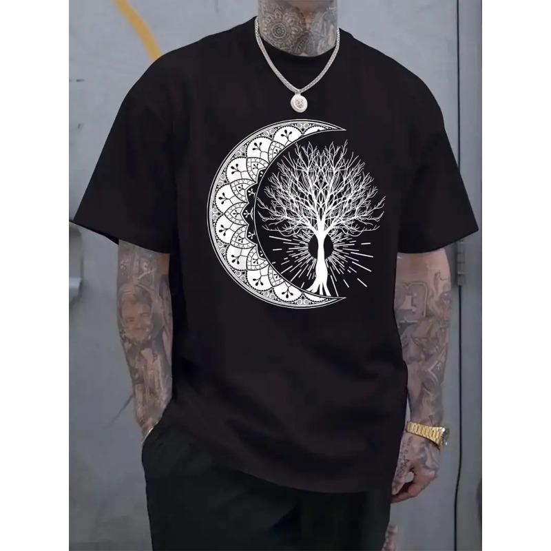 Plus Size Men'S T-Shirt with Tree And Crescent Moon Pattern Comfortable Casual Short-Sleeved T-Shirt for Summer