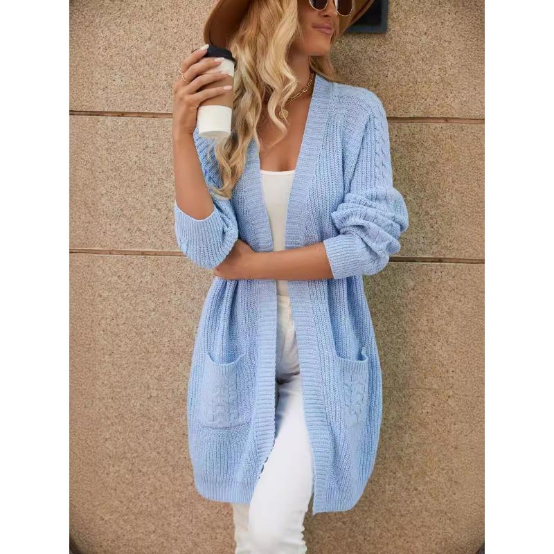 

Длинный осенне-зимний вязаный кардиган женский свободный с накладными карманами V-образный вырез вязаный свитер женское пальто average size