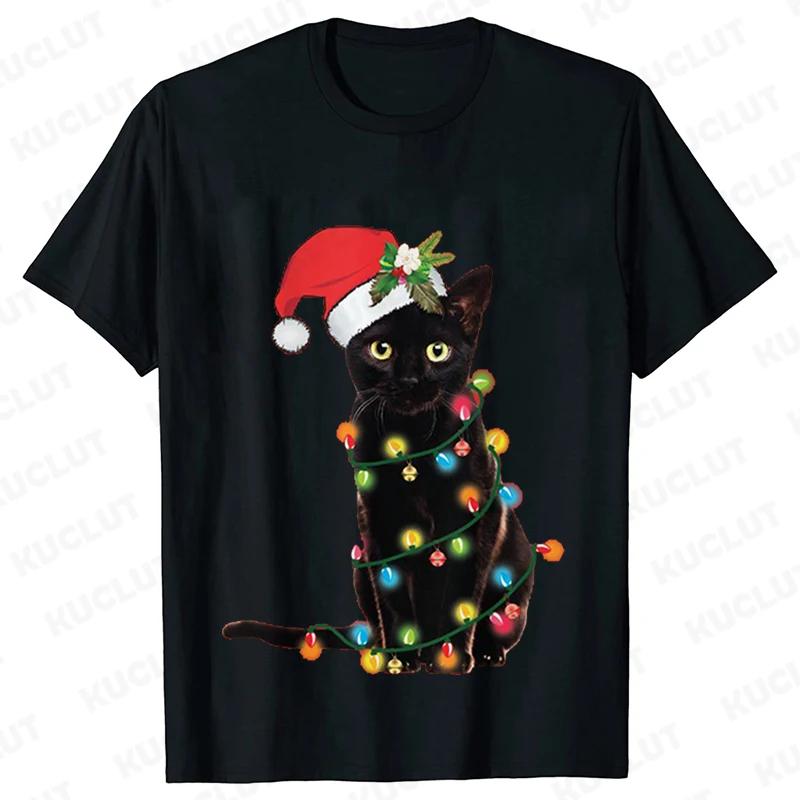 Fashion Trendy T Shirt Short Sleeve Tees for Unisex Funny Christmas Lights Cat T Shirts Female Korean Casual Streetwear Tshirt