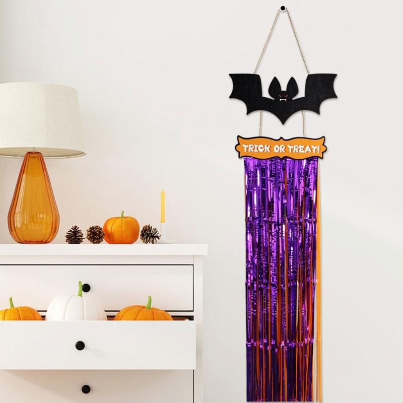 Wood Sign with Tassels Halloween Decoration Front Door Hanging Plaques Ornament with Bat Witch Pattern for Home Decors