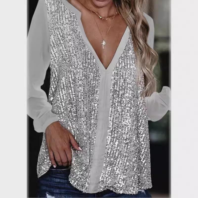 

Womens Tops Sequins Blouse Long Sleeve Shirts Shiny Sequined Sweatshirt Patchwork Pullover Tops Loose Comfy Basic Shirt XS срібло сірий колір