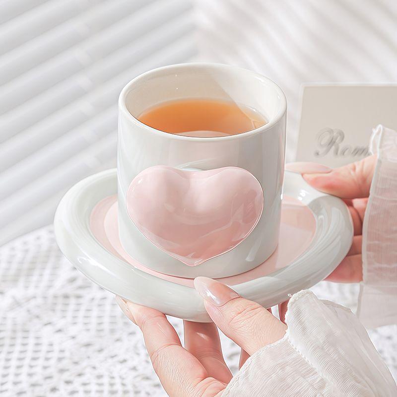 Ceramic Heart Shape Coffee Cup and Saucer Creative Love Couple Mug Exquisite Afternoon Camellia Tea Coffee Cup Breakfast Mug new