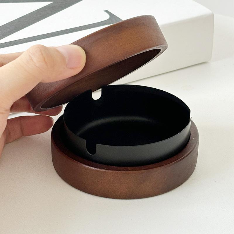 2026 New Creative Ashtray with Lid Walnut Desktop Ashtray Stainless Steel Smoking Windproof Ashtray Home Office Decoration