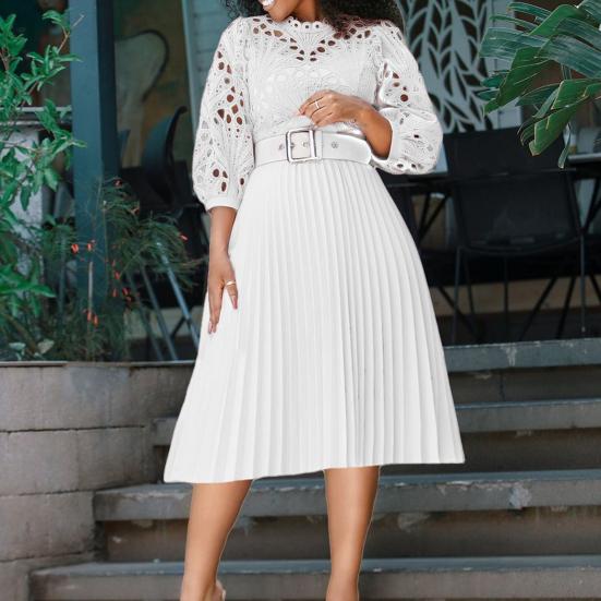 Women's 45720 Sleeve Lace Crochet Midi Dress Hollow Out Eyelet Pleated Swing Dress Fall Casual