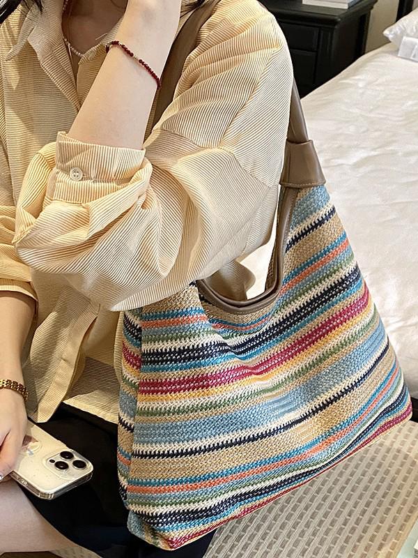 Striped Straw Woven Tote: Women's Large Capacity Shoulder Bag for Beach Vacation 2025 Fashion.