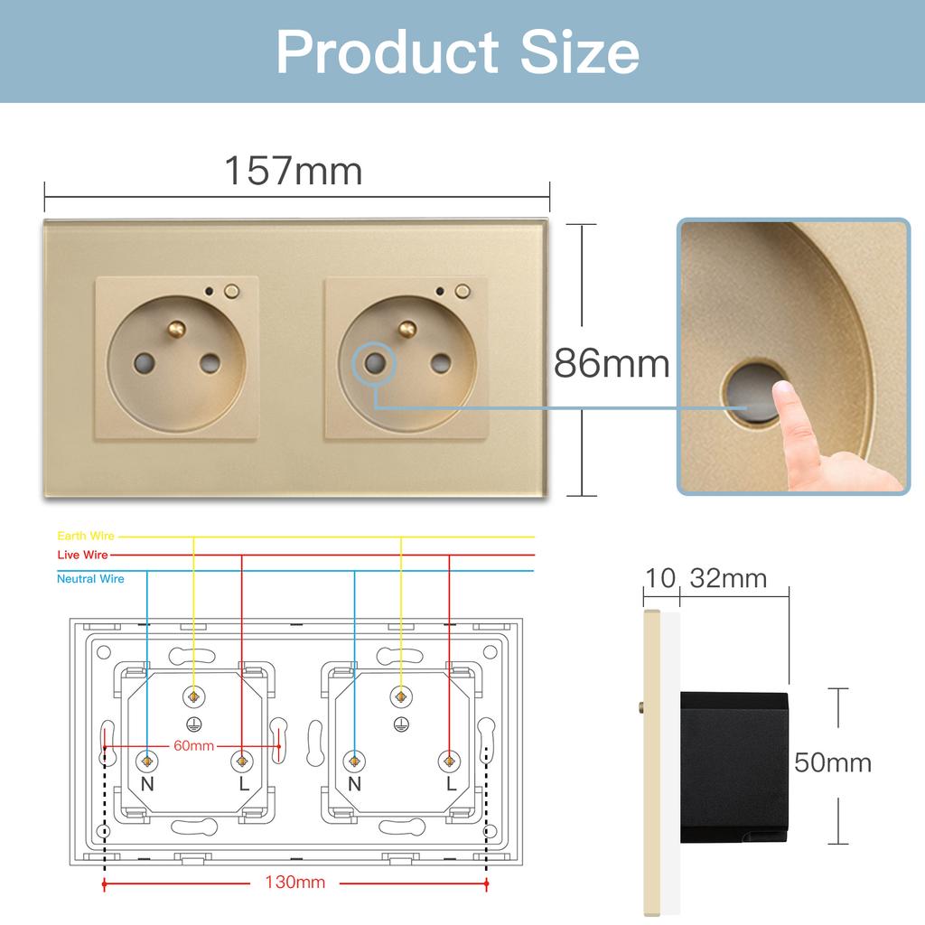 BSEED Single Wifi French Socket Double Power Monitor Wall Sockets Triple Smart Outlets Glass Frame Tuya Smart Life Control