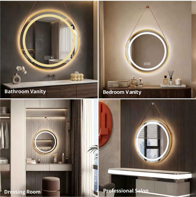 70cm Large Round Gold LED Bathroom Mirror with Hanging Strap, Anti-Fog and Dimmable 3 Colors