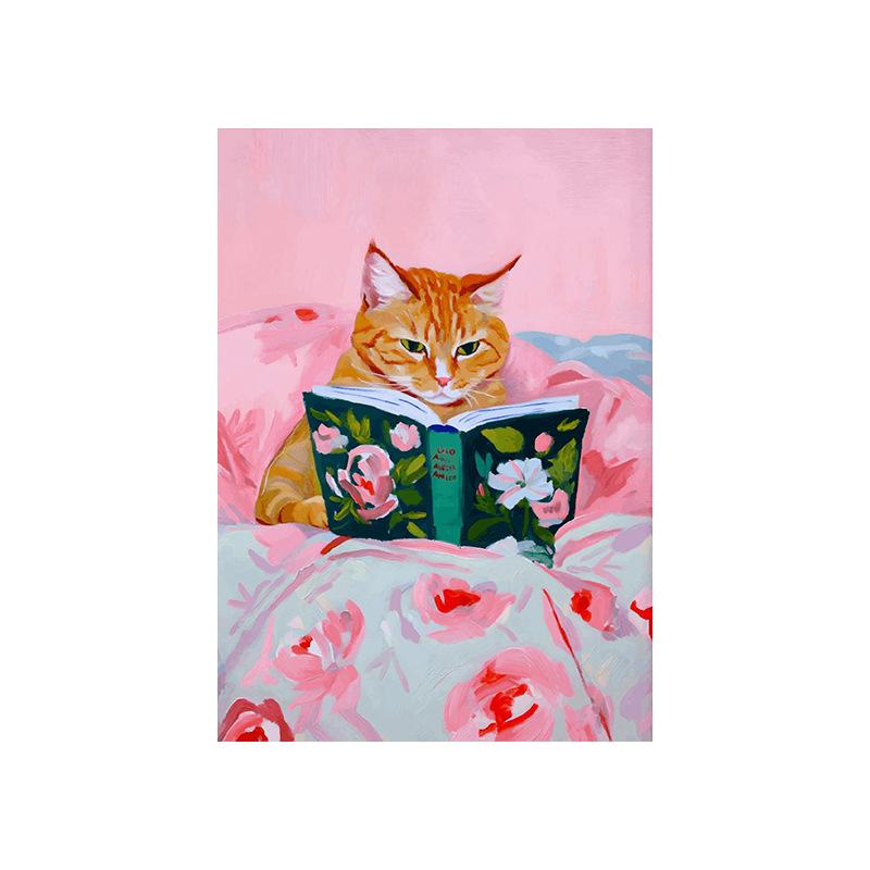 Funny Tabby Cat Reading Books Art Poster Vintage Cute Animals Wall Canvas Painting Book Lover Pet Gift Decoration Pictures Print