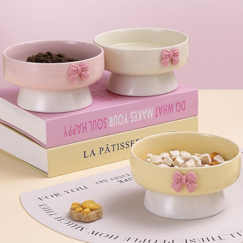 Cute Large Capacity Ceramic Cat Bowl Macaron Colors Non-Slip Base Elevated Pet Bowl with Bow Pet Feeding Bowl for Puppy Cats