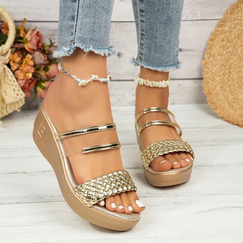 Large size solid color summer new round head fashion women's one-word thick-bottomed cool slippers