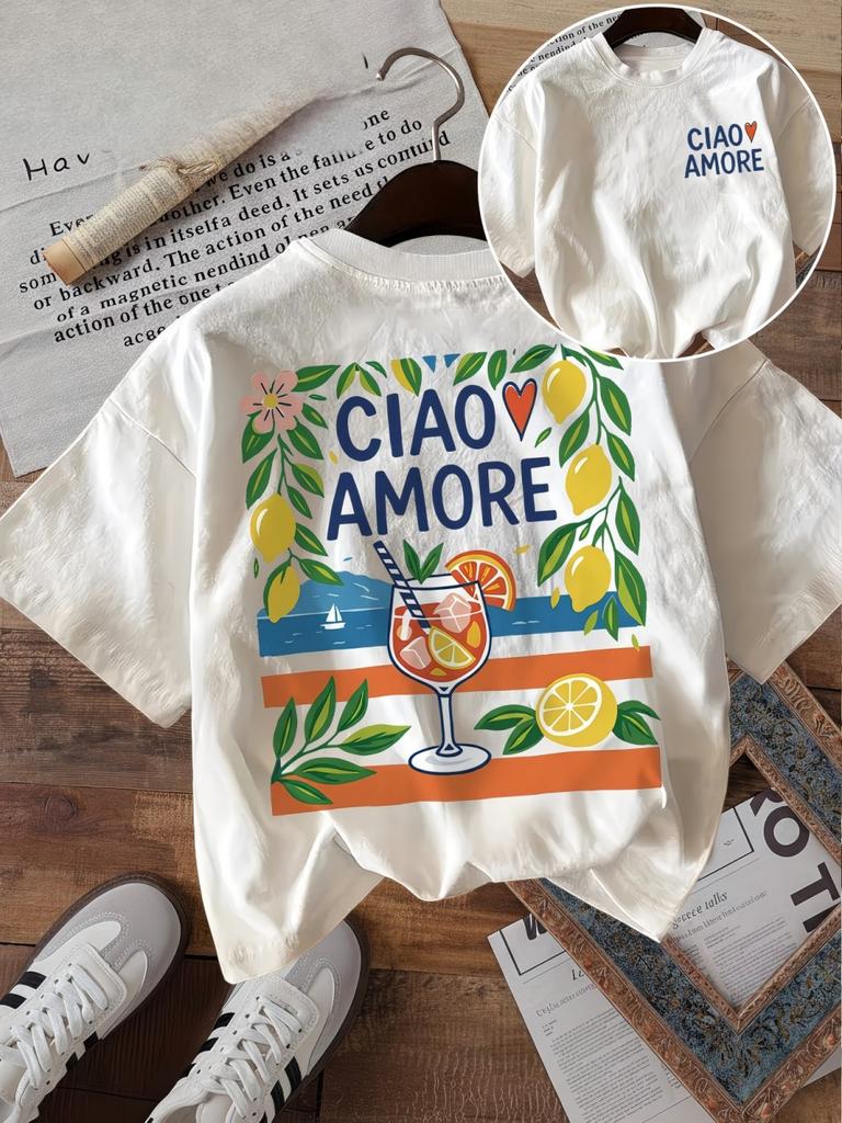 Ciao Amore Maglietta Grafica Italiana Unisex Estate Vacanza Mediterranea Maglietta con Stampa Limone Estetica Retrò Top Harajuku