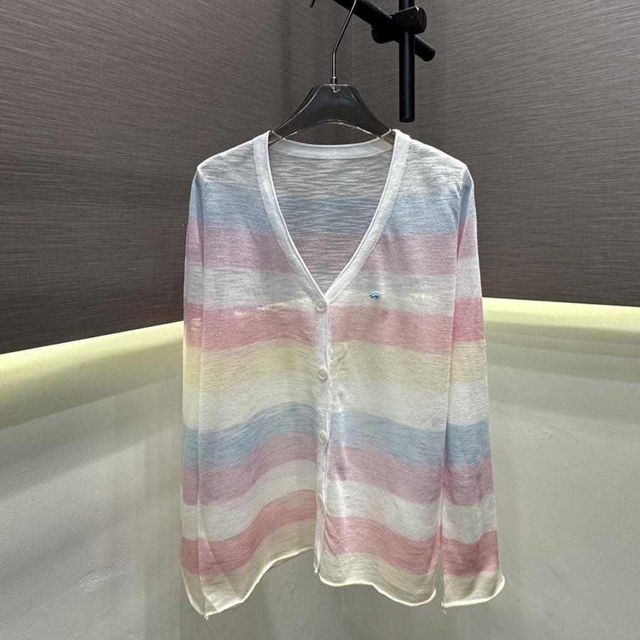 Trendy European-Style Striped Color Block Knit Raglan Sleeve Loose Sun Protection Cardigan