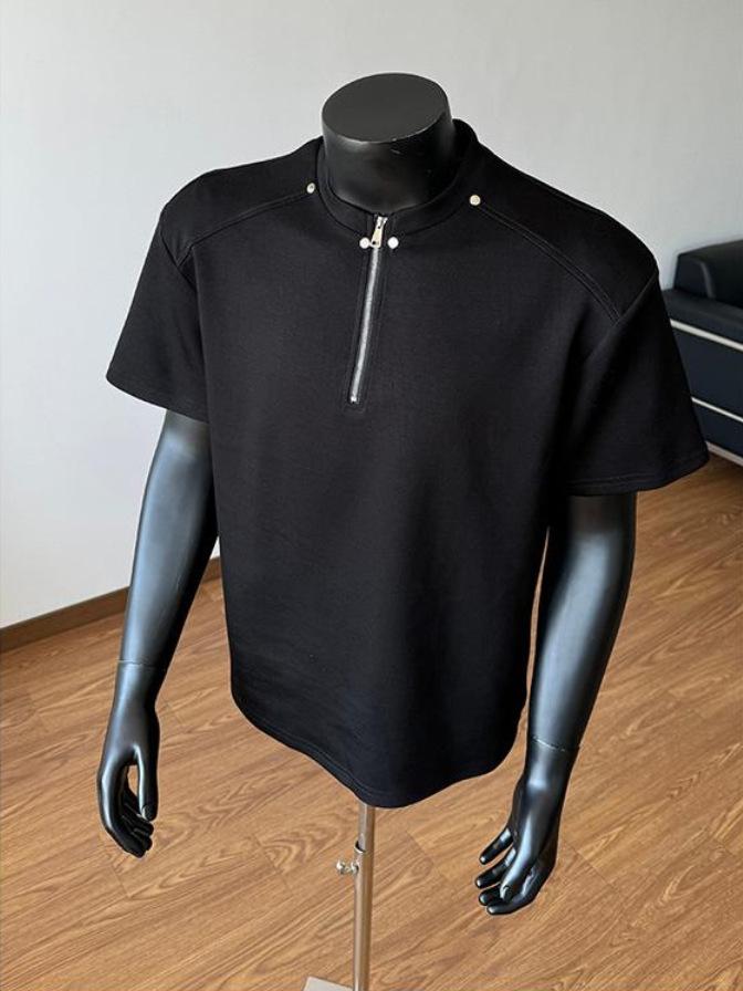 Mens Half Zip Short Sleeve Cotton T Shirt Antibacterial Casual Tee M чёрный