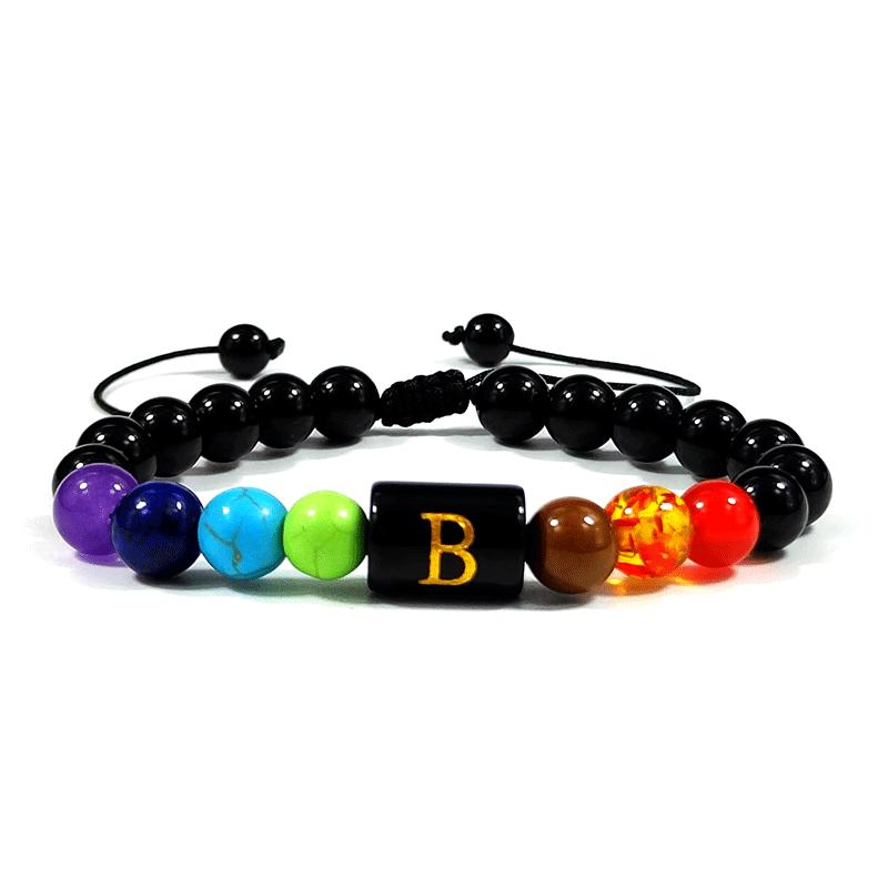 European Obsidian Alphabet Bracelet: Adjustable Seven-Color Rainbow Yoga Design for Men and Women