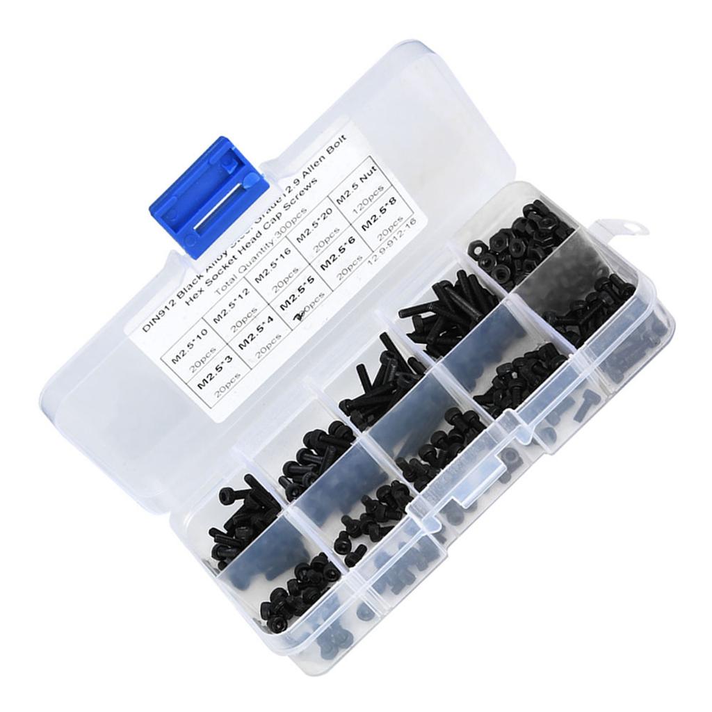 300pcs M2.5 X 3 20mm 12.9 Grade Black Alloy Steel Hex Socket Head Cap Screw Bolt with Nut
