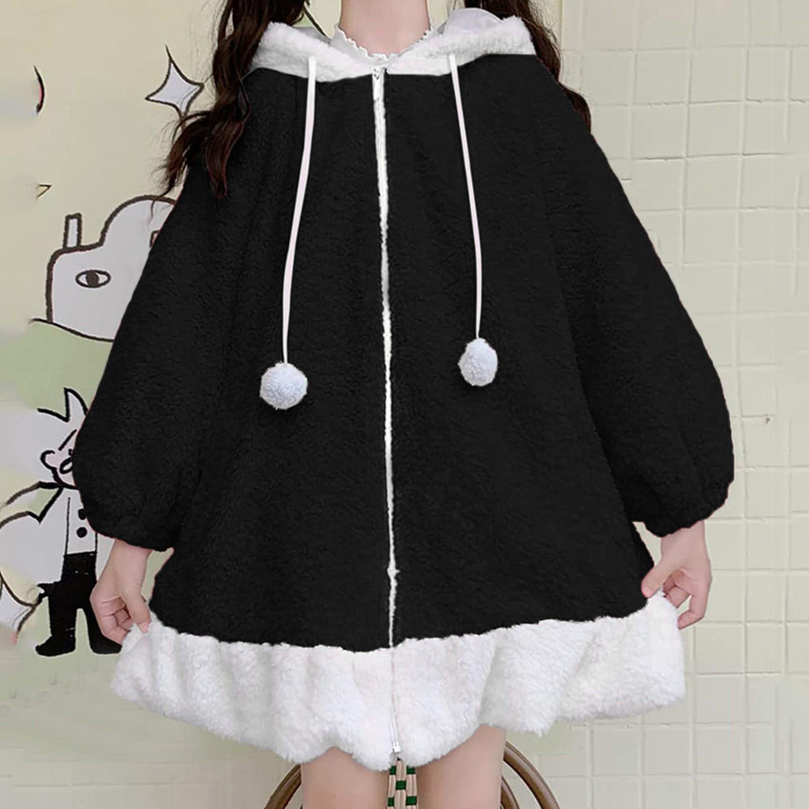 

Женская мода и зимняя двухсторонняя флисовая теплая куртка с капюшоном и милыми ушками XL чёрный