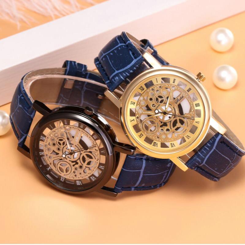 Luxury Stainless Steel Quartz Military Sport Leather Band Dial Hollow Wrist Watch JRY