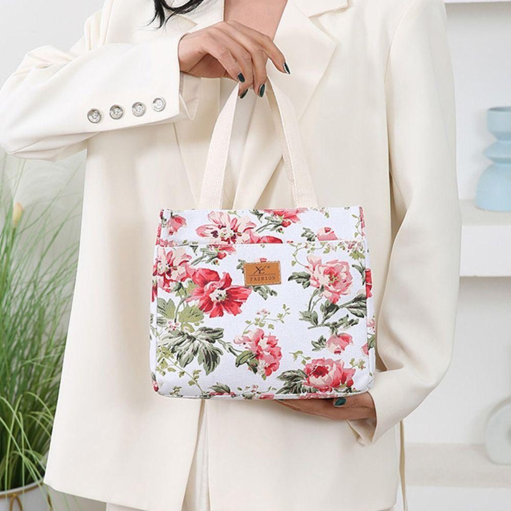 Lunchtasche mit Reißverschluss und Blumendruck, isolierte Handtasche, multifunktionale thermische Picknicktasche für den Außenbereich