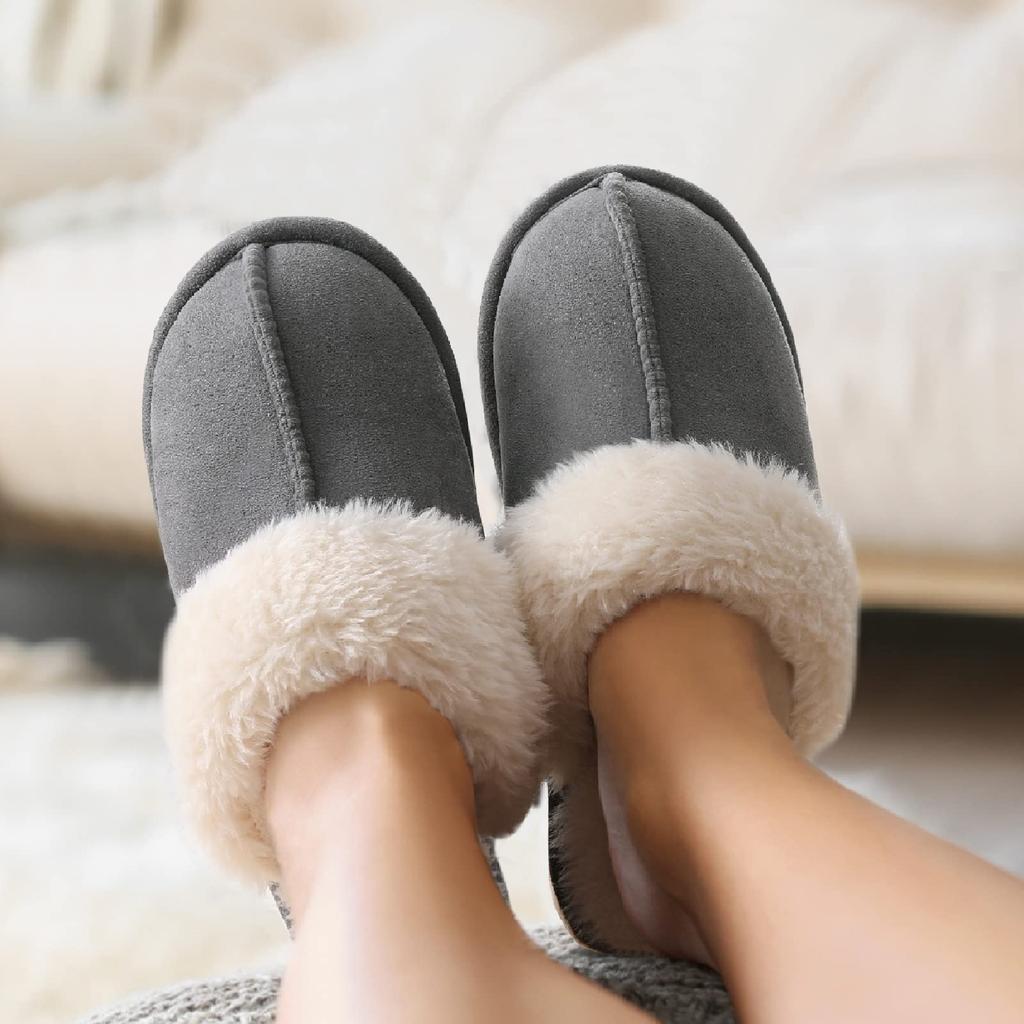 Fashion Litfun Men Fuzzy House Slippers Fashion Fur Collar Suede Slippers Women Men Fluffy Memory Foam Indoor Slides Plush Cotton Shoes