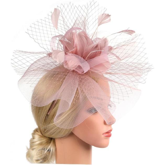 YARNOW Mesh Fascinator Hat for Women Cocktail Tea Party Hat with Hair Clip and Headband for Special Occasion Accessories Pink