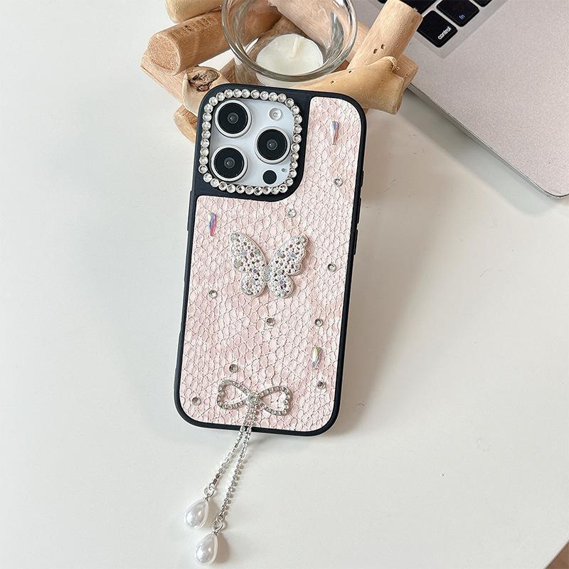 Silberne Perlen Schmetterling Handyhülle für Apple 17 Promax Strass Quaste Perlenanhänger für IPhone 16 Kariertes Leder